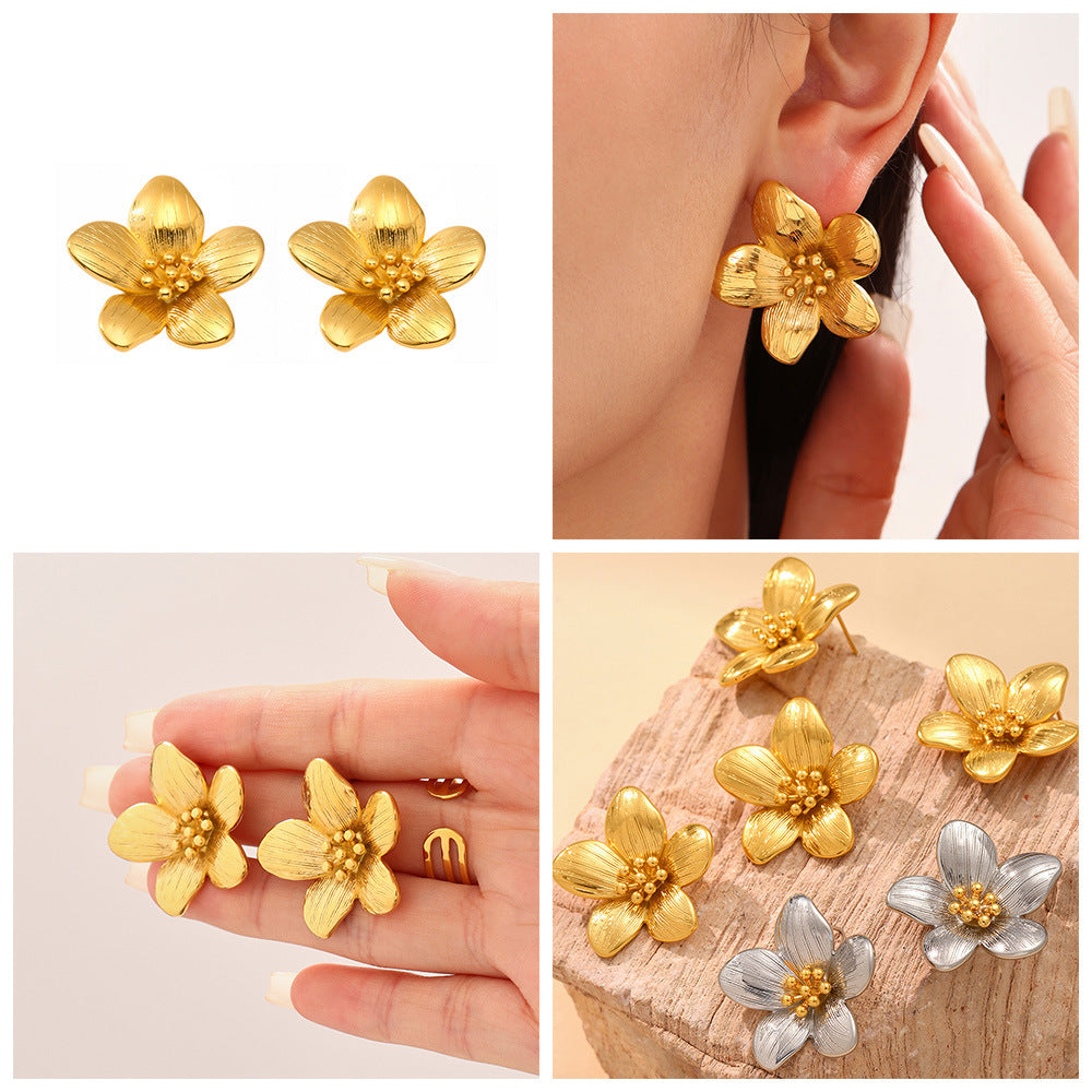 Trendy Stainless Steel Women's Stud Earrings Bezel Setting 18K Gold Plated Vintage Floral Design Waterproof Hypoallergenic