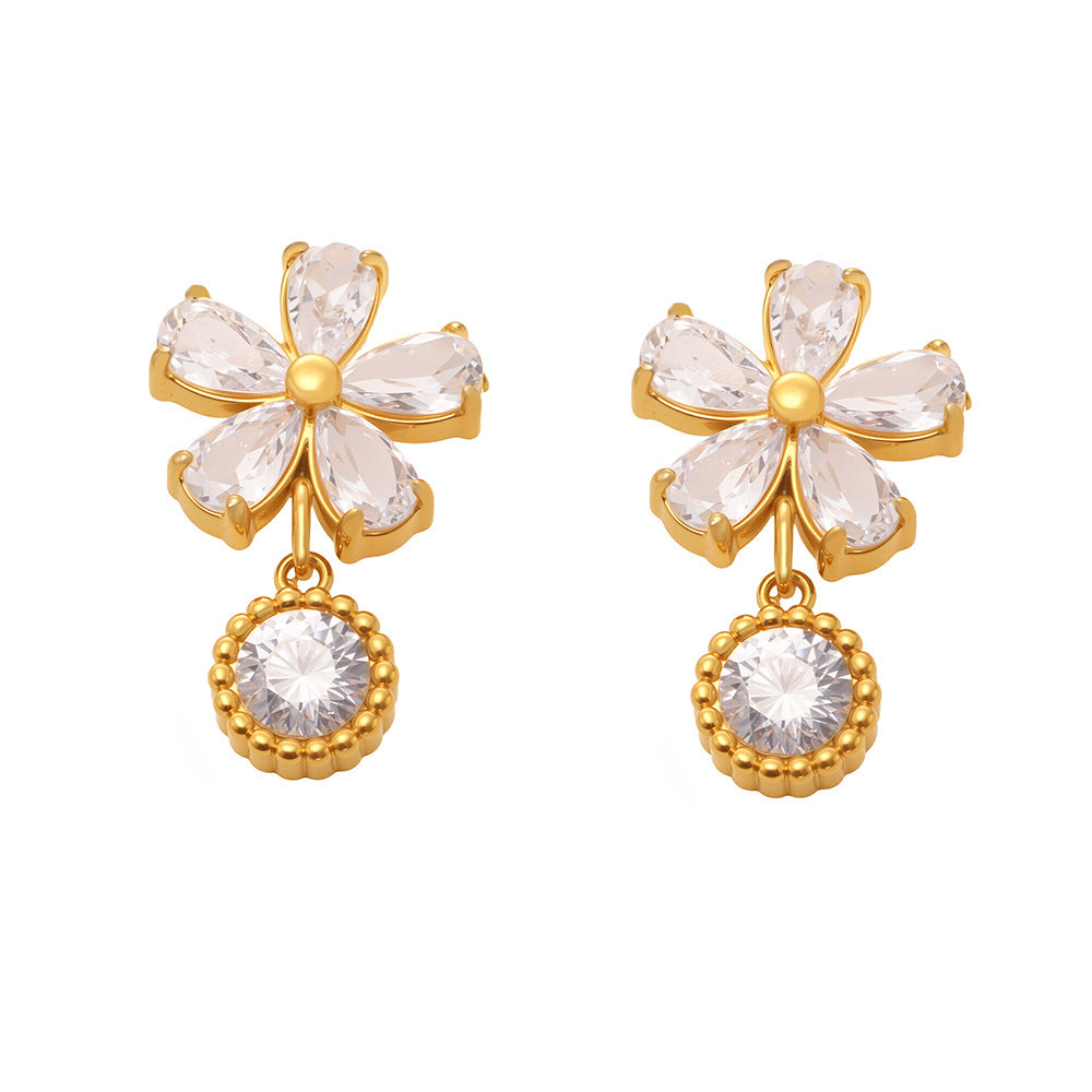 White Zircon Flower Drop Earrings Brides Waterproof Stainless Steel Jewelry with Real Gold Plating Wholesale Fashion Accessory