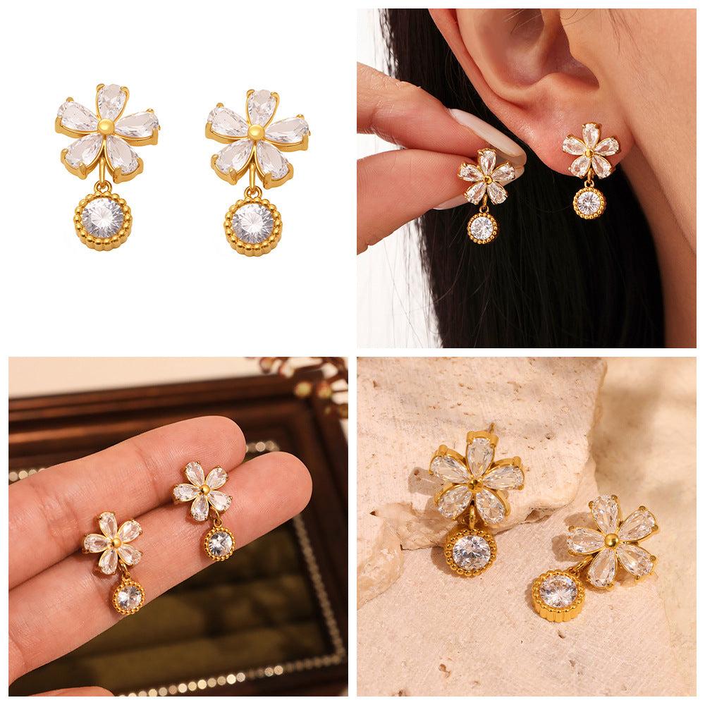 White Zircon Flower Drop Earrings Brides Waterproof Stainless Steel Jewelry with Real Gold Plating Wholesale Fashion Accessory