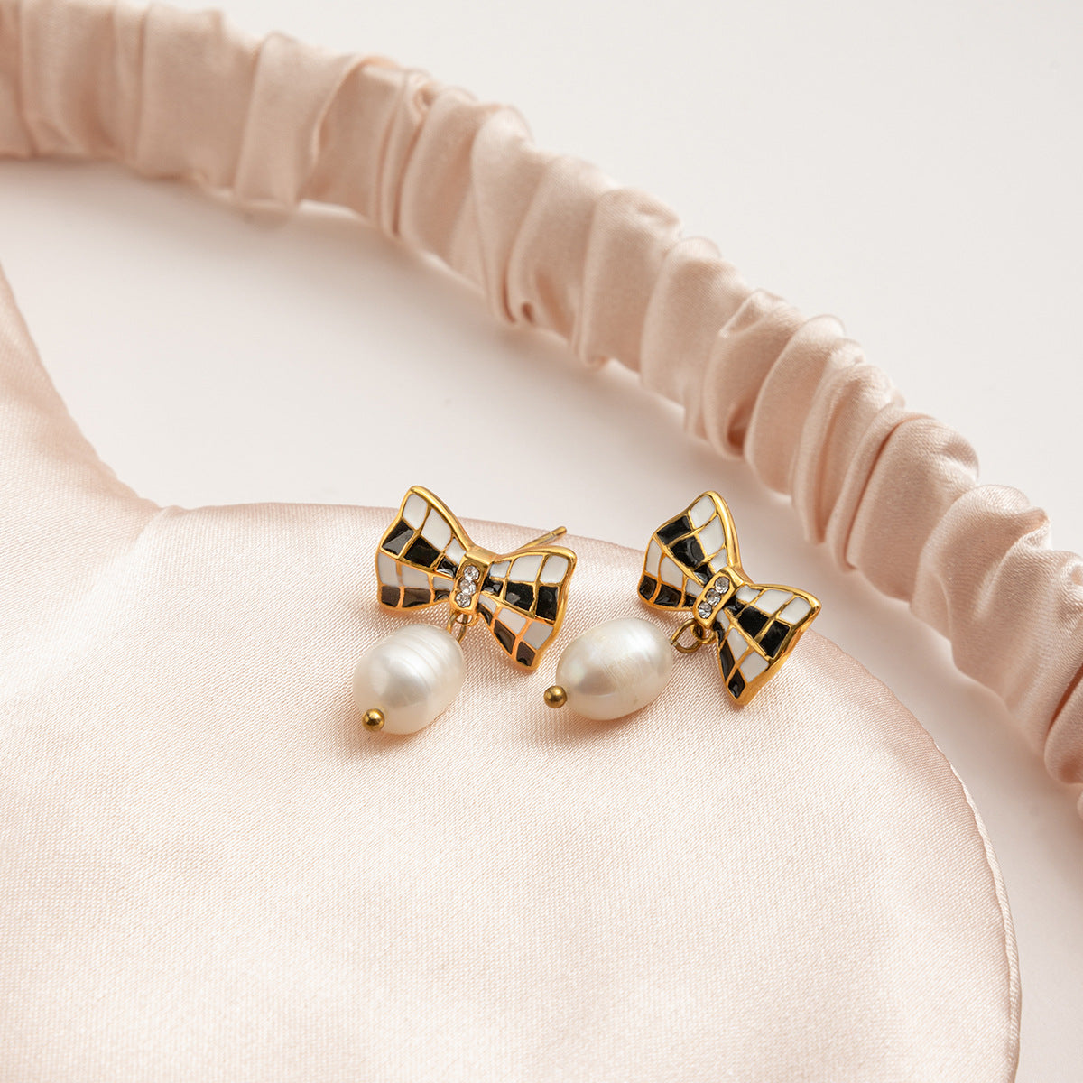 Customizable Real Gold Plated Stainless Steel Earrings Trendy Cute Colorful Enamel Bow Zircon Pearl Drop for Girls for Parties