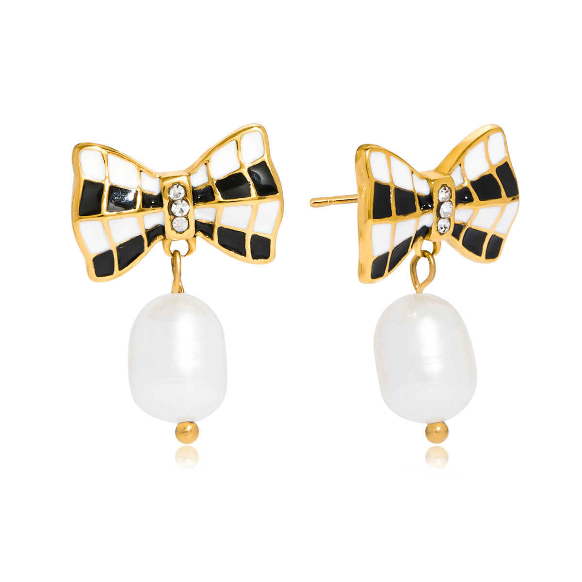 Customizable Real Gold Plated Stainless Steel Earrings Trendy Cute Colorful Enamel Bow Zircon Pearl Drop for Girls for Parties