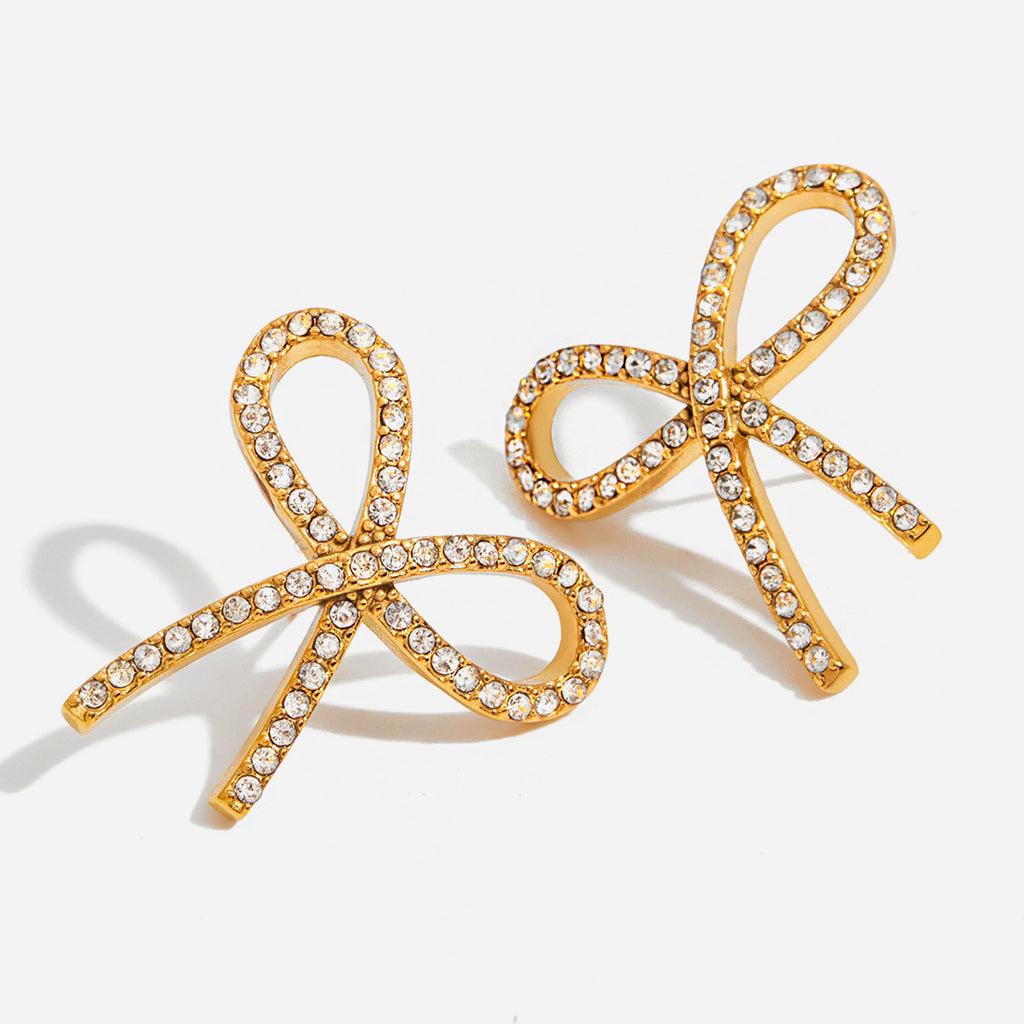 Customizable Real Gold Plated Stainless Steel Zircon Bow Stud Earrings Trendy Cute Fashion Accessory for Girls Perfect Gift