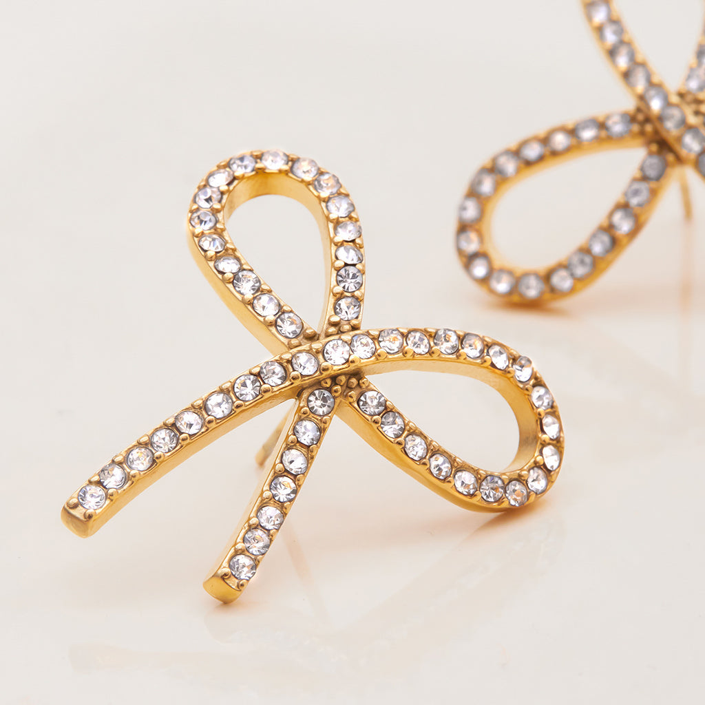 Customizable Real Gold Plated Stainless Steel Zircon Bow Stud Earrings Trendy Cute Fashion Accessory for Girls Perfect Gift