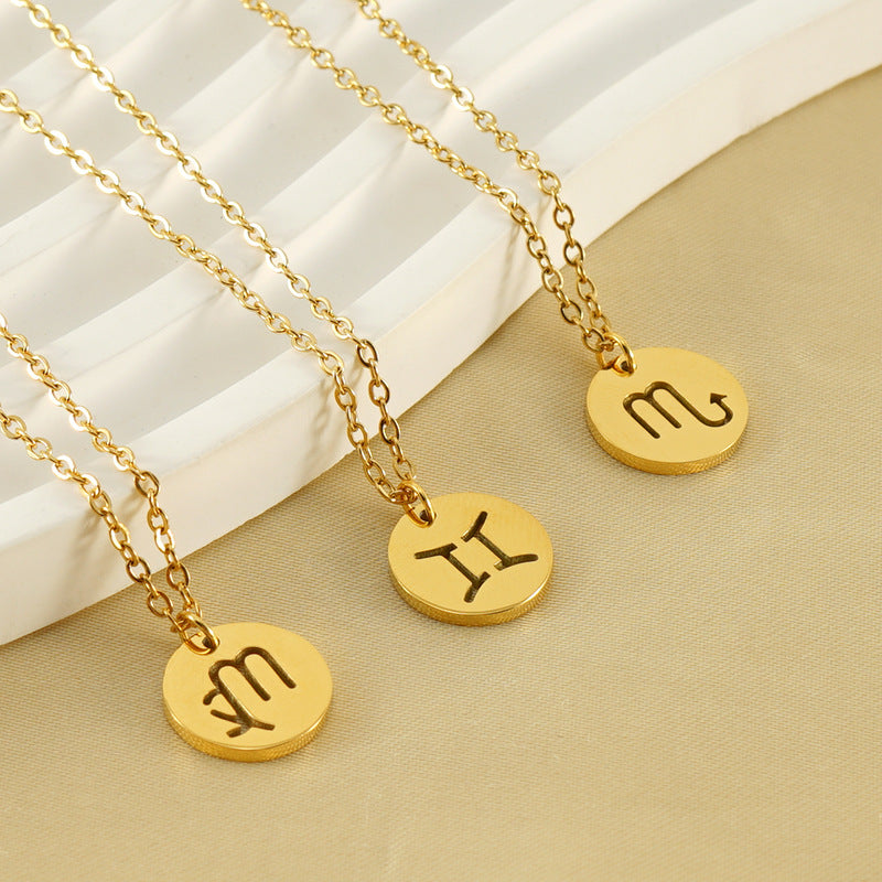 Trendy 12 Round Zodiacs Pendant Necklace Real Gold Plated Stainless Steel with Hollow Design Link Chain Fashion Necklaces