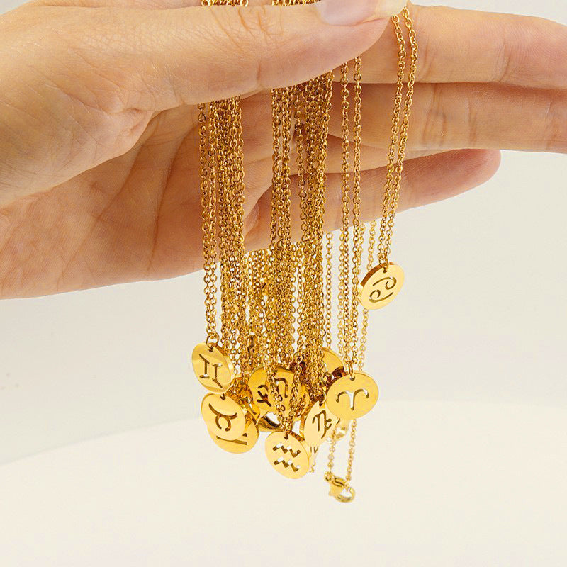 Trendy 12 Round Zodiacs Pendant Necklace Real Gold Plated Stainless Steel with Hollow Design Link Chain Fashion Necklaces