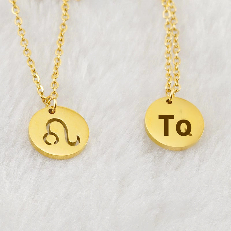 Trendy 12 Round Zodiacs Pendant Necklace Real Gold Plated Stainless Steel with Hollow Design Link Chain Fashion Necklaces