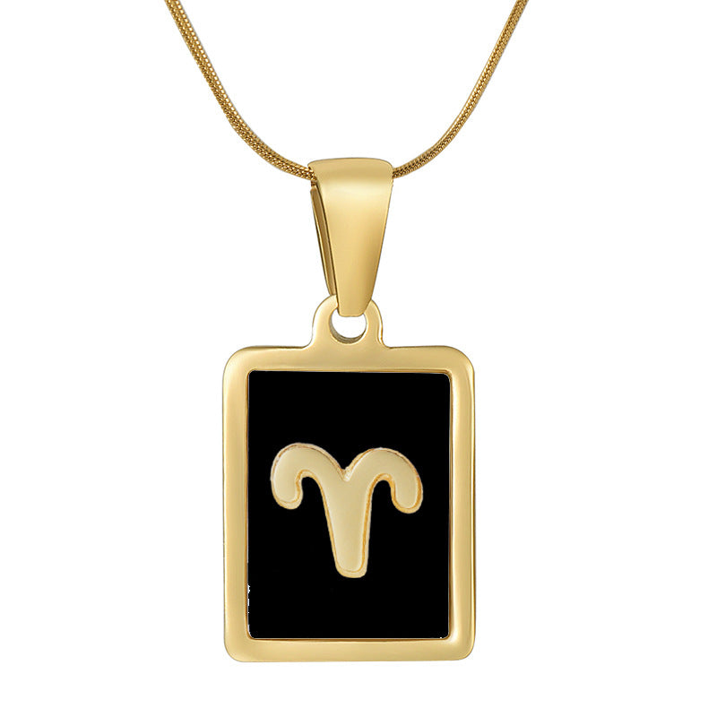 Wholesale 12 Zodiac Stainless Steel Necklace 18K Gold Plated Rectangular Pendant with Flat Chain Trendy Fashion Necklaces