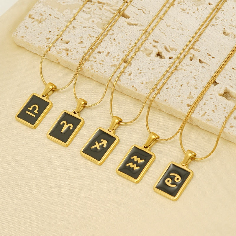 Wholesale 12 Zodiac Stainless Steel Necklace 18K Gold Plated Rectangular Pendant with Flat Chain Trendy Fashion Necklaces