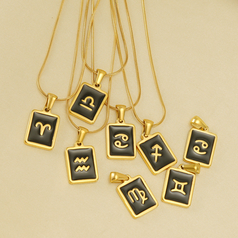 Wholesale 12 Zodiac Stainless Steel Necklace 18K Gold Plated Rectangular Pendant with Flat Chain Trendy Fashion Necklaces