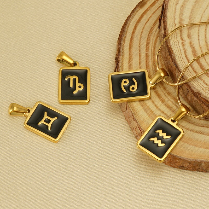 Wholesale 12 Zodiac Stainless Steel Necklace 18K Gold Plated Rectangular Pendant with Flat Chain Trendy Fashion Necklaces