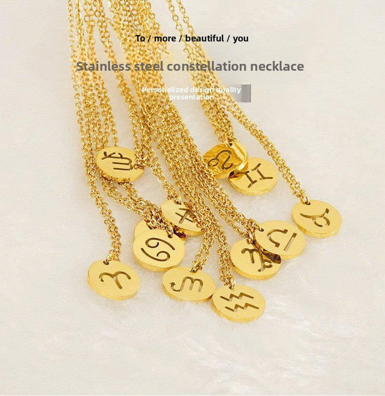 Trendy 12 Round Zodiacs Pendant Necklace Real Gold Plated Stainless Steel with Hollow Design Link Chain Fashion Necklaces