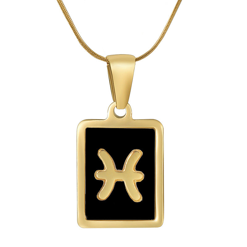 Wholesale 12 Zodiac Stainless Steel Necklace 18K Gold Plated Rectangular Pendant with Flat Chain Trendy Fashion Necklaces