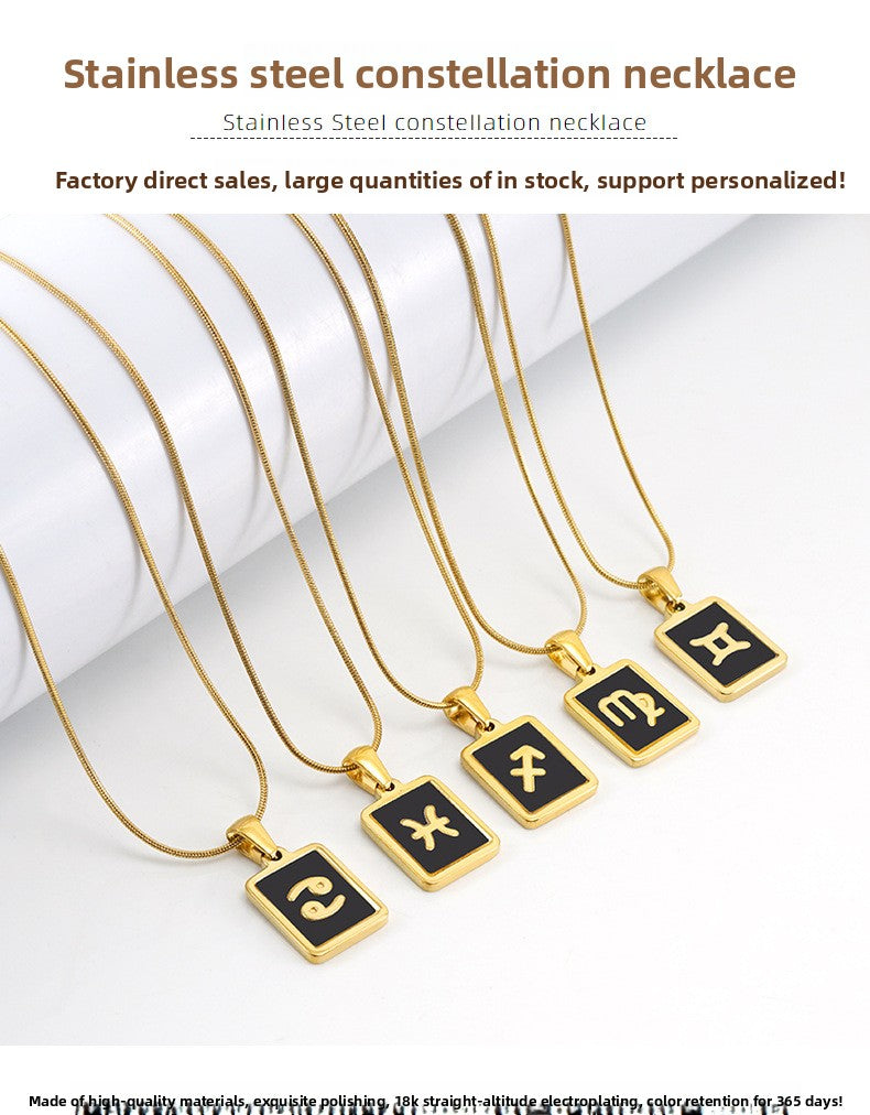 Wholesale 12 Zodiac Stainless Steel Necklace 18K Gold Plated Rectangular Pendant with Flat Chain Trendy Fashion Necklaces