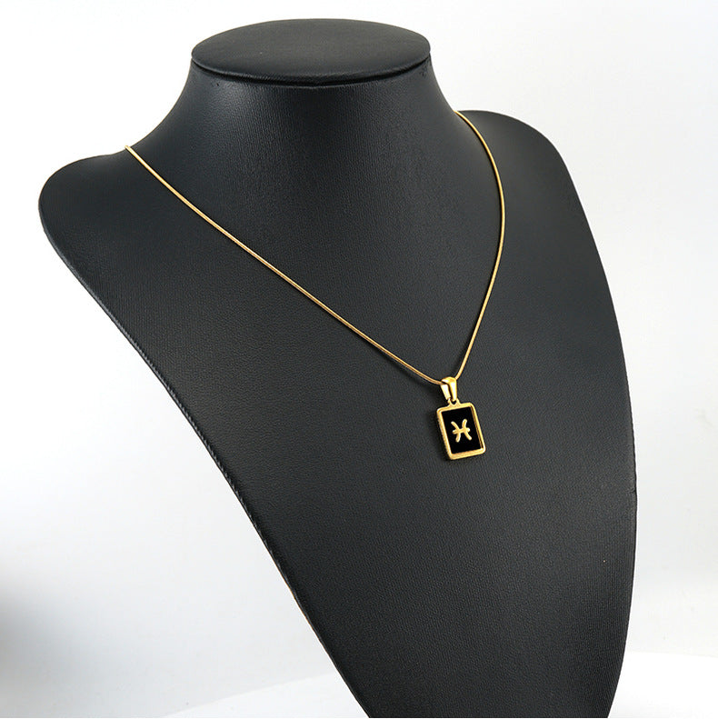 Wholesale 12 Zodiac Stainless Steel Necklace 18K Gold Plated Rectangular Pendant with Flat Chain Trendy Fashion Necklaces