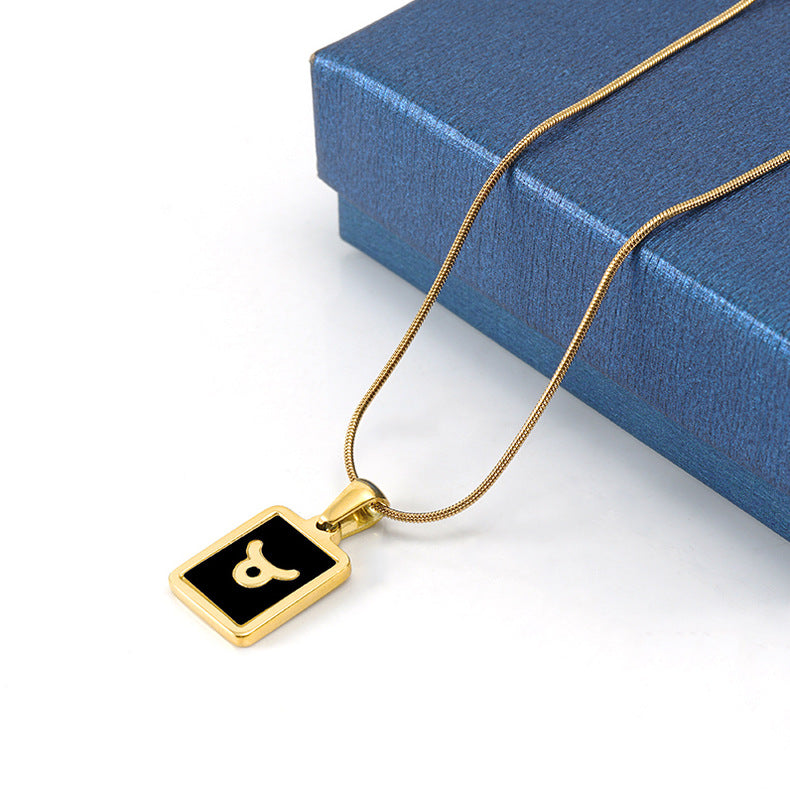 Wholesale 12 Zodiac Stainless Steel Necklace 18K Gold Plated Rectangular Pendant with Flat Chain Trendy Fashion Necklaces