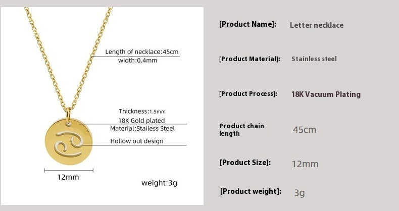 Trendy 12 Round Zodiacs Pendant Necklace Real Gold Plated Stainless Steel with Hollow Design Link Chain Fashion Necklaces