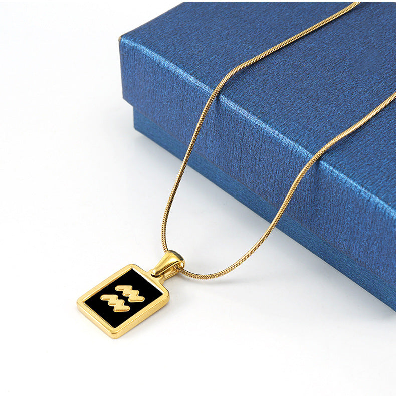 Wholesale 12 Zodiac Stainless Steel Necklace 18K Gold Plated Rectangular Pendant with Flat Chain Trendy Fashion Necklaces