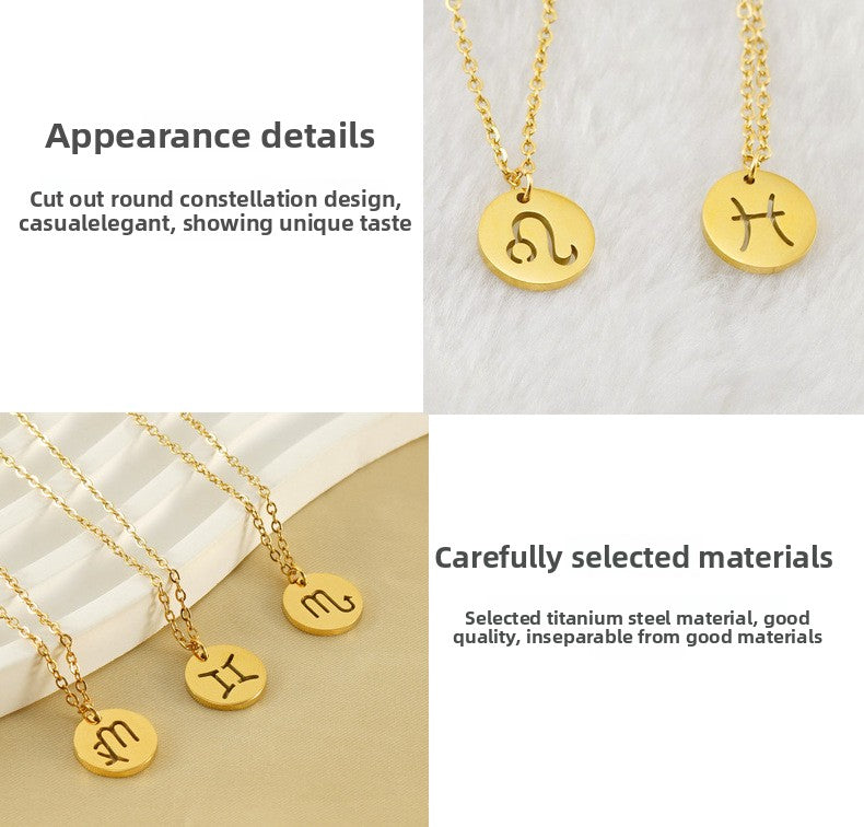 Trendy 12 Round Zodiacs Pendant Necklace Real Gold Plated Stainless Steel with Hollow Design Link Chain Fashion Necklaces