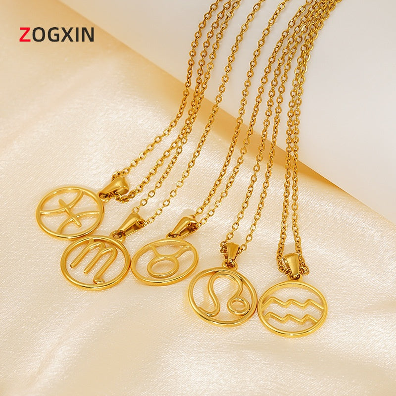 Stainless Steel Twelve Zodiacs Vintage Link Chain Pendant Necklace Real Gold Plated Fashion Non-Fading Anniversary