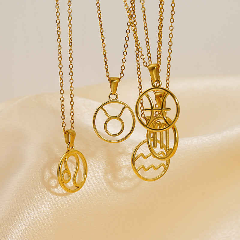Stainless Steel Twelve Zodiacs Vintage Link Chain Pendant Necklace Real Gold Plated Fashion Non-Fading Anniversary