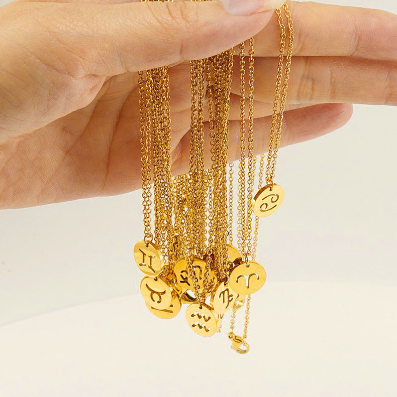 Trendy 12 Round Zodiacs Pendant Necklace Real Gold Plated Stainless Steel with Hollow Design Link Chain Fashion Necklaces