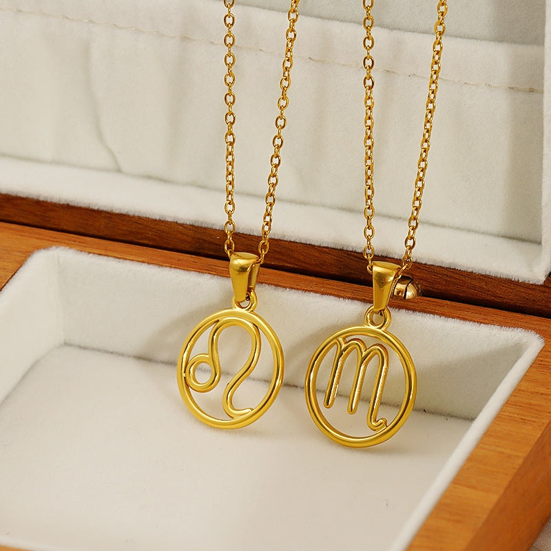 Stainless Steel Twelve Zodiacs Vintage Link Chain Pendant Necklace Real Gold Plated Fashion Non-Fading Anniversary