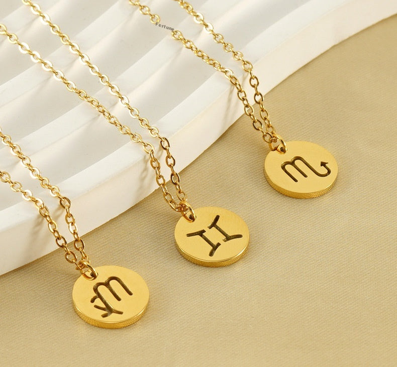 Trendy 12 Round Zodiacs Pendant Necklace Real Gold Plated Stainless Steel with Hollow Design Link Chain Fashion Necklaces