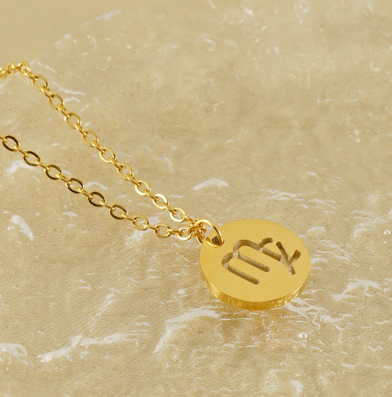 Trendy 12 Round Zodiacs Pendant Necklace Real Gold Plated Stainless Steel with Hollow Design Link Chain Fashion Necklaces