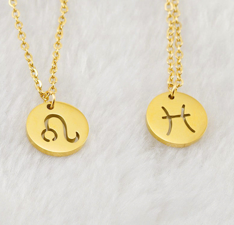 Trendy 12 Round Zodiacs Pendant Necklace Real Gold Plated Stainless Steel with Hollow Design Link Chain Fashion Necklaces