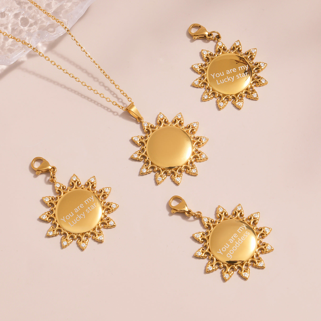 Best Gift Stainless Steel Sun Pendant Necklace for Women Mom Real Gold PVD Plated White Zircons Link Chain for Party Occasions