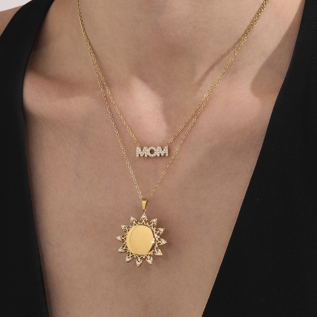 Best Gift Stainless Steel Sun Pendant Necklace for Women Mom Real Gold PVD Plated White Zircons Link Chain for Party Occasions