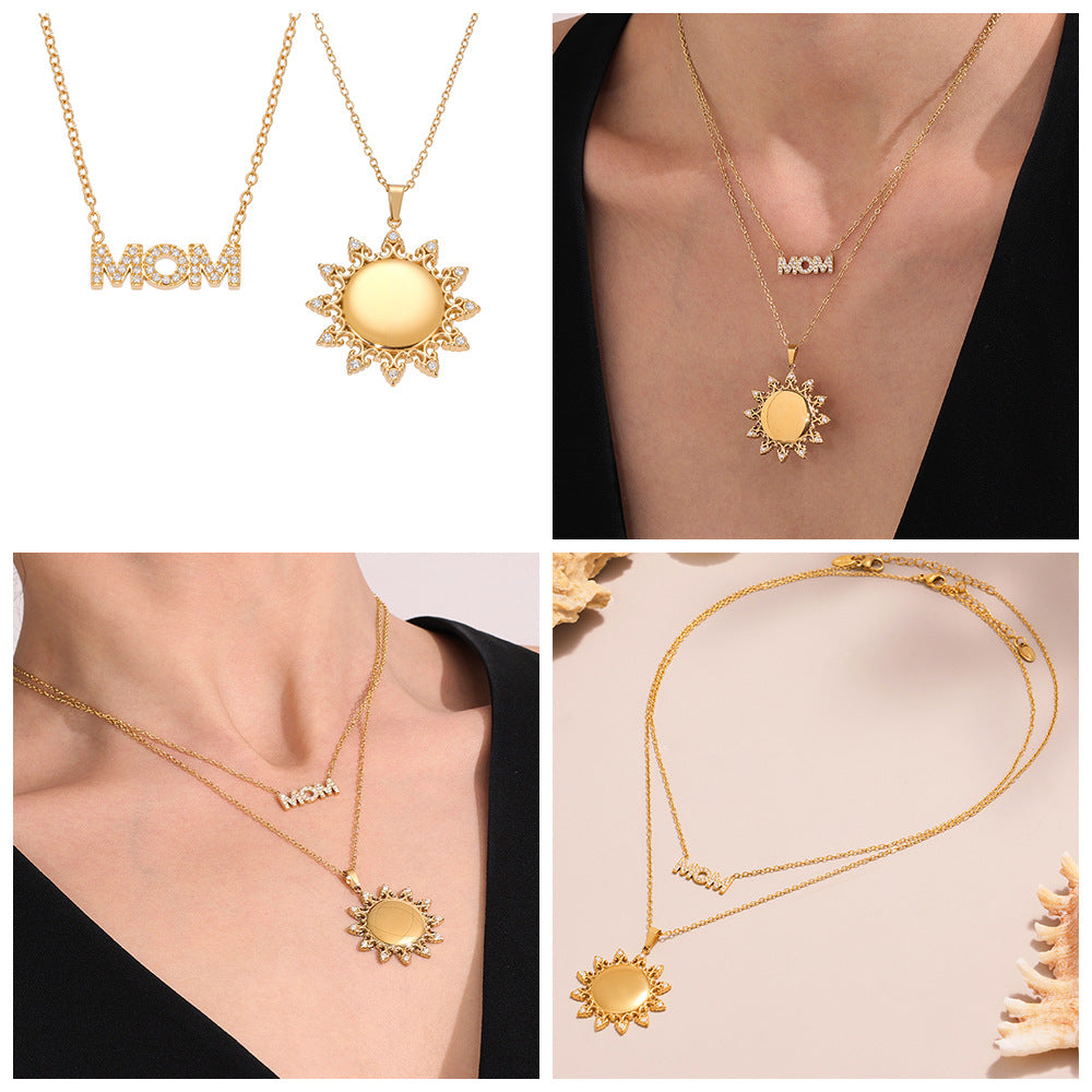 Best Gift Stainless Steel Sun Pendant Necklace for Women Mom Real Gold PVD Plated White Zircons Link Chain for Party Occasions