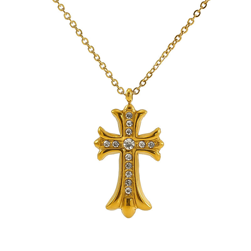 Vintage Cross Pendant Necklace for Unisex Real Gold Plated Stainless Steel with White Zircons Link Chain for Anniversary