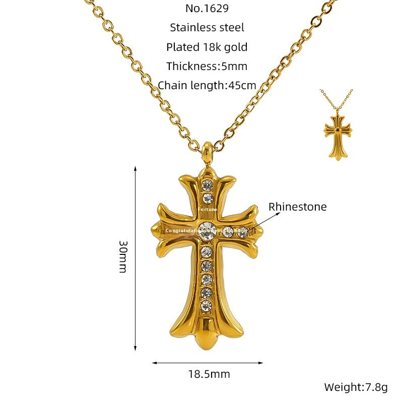 Vintage Cross Pendant Necklace for Unisex Real Gold Plated Stainless Steel with White Zircons Link Chain for Anniversary