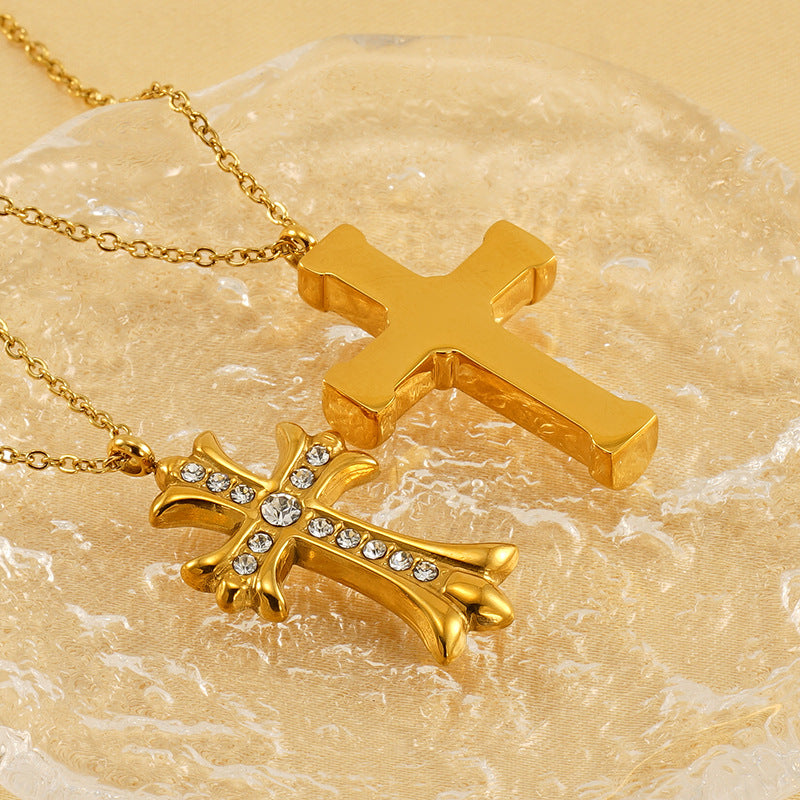 Vintage Cross Pendant Necklace for Unisex Real Gold Plated Stainless Steel with White Zircons Link Chain for Anniversary