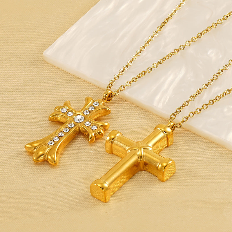 Vintage Cross Pendant Necklace for Unisex Real Gold Plated Stainless Steel with White Zircons Link Chain for Anniversary