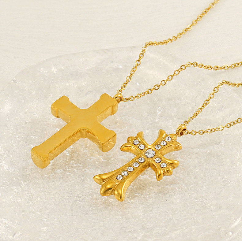Vintage Cross Pendant Necklace for Unisex Real Gold Plated Stainless Steel with White Zircons Link Chain for Anniversary