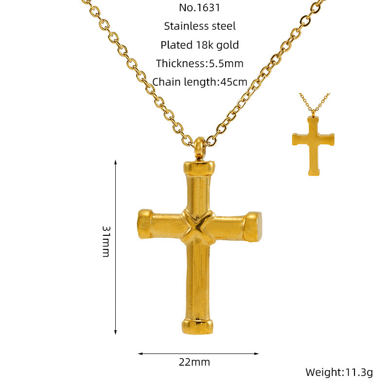 Vintage Cross Pendant Necklace for Unisex Real Gold Plated Stainless Steel with White Zircons Link Chain for Anniversary