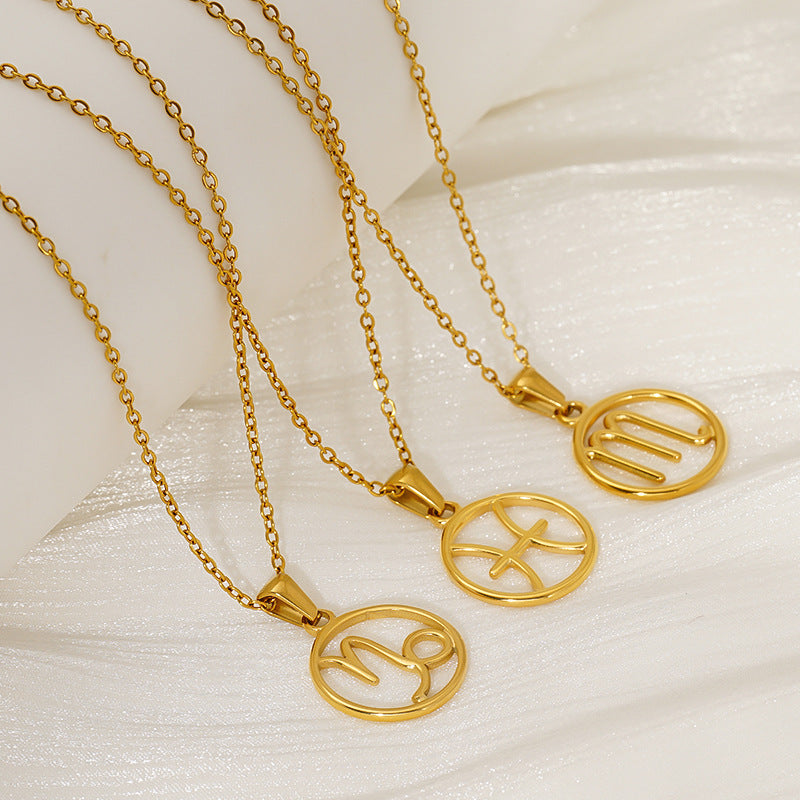 Stainless Steel Twelve Zodiacs Vintage Link Chain Pendant Necklace Real Gold Plated Fashion Non-Fading Anniversary