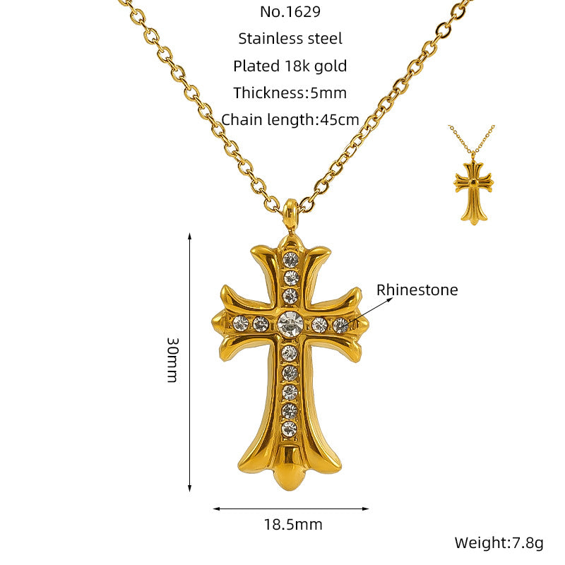 Vintage Cross Pendant Necklace for Unisex Real Gold Plated Stainless Steel with White Zircons Link Chain for Anniversary