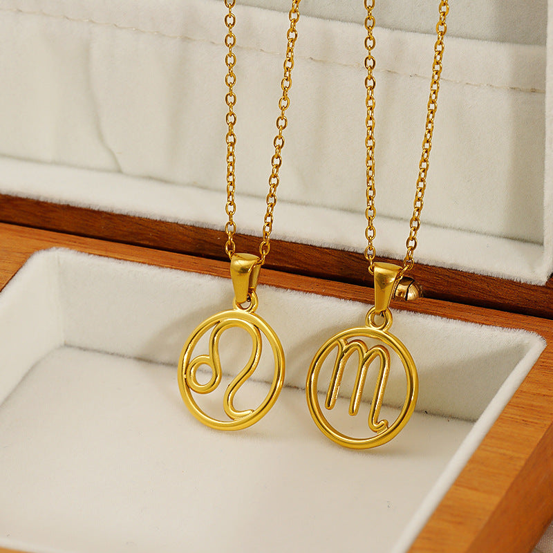 Stainless Steel Twelve Zodiacs Vintage Link Chain Pendant Necklace Real Gold Plated Fashion Non-Fading Anniversary