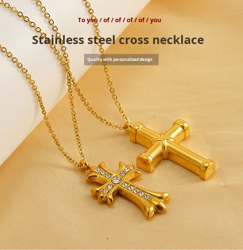 Vintage Cross Pendant Necklace for Unisex Real Gold Plated Stainless Steel with White Zircons Link Chain for Anniversary