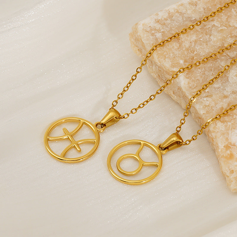 Stainless Steel Twelve Zodiacs Vintage Link Chain Pendant Necklace Real Gold Plated Fashion Non-Fading Anniversary