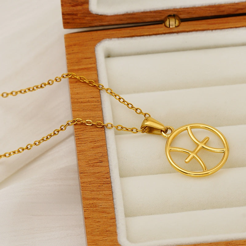 Stainless Steel Twelve Zodiacs Vintage Link Chain Pendant Necklace Real Gold Plated Fashion Non-Fading Anniversary