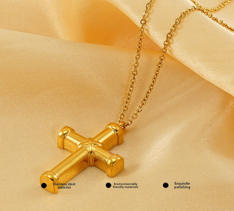 Vintage Cross Pendant Necklace for Unisex Real Gold Plated Stainless Steel with White Zircons Link Chain for Anniversary