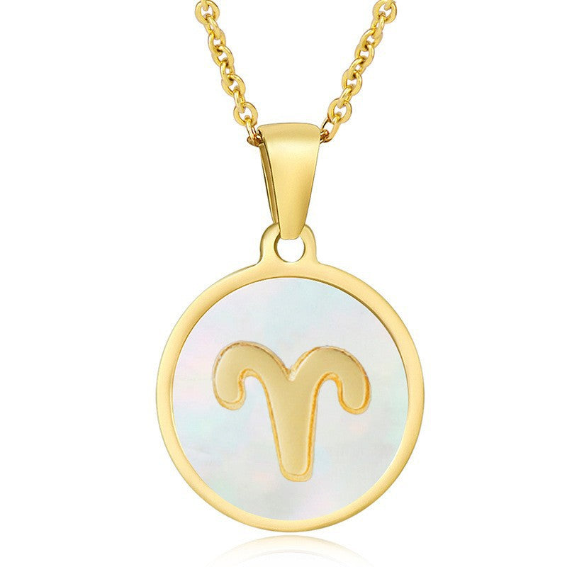 Unisex Vintage Style Stainless Steel Round Gold Zodiac Pendant Necklace Gold Plated Link Chain Shell Main Stone for Anniversary
