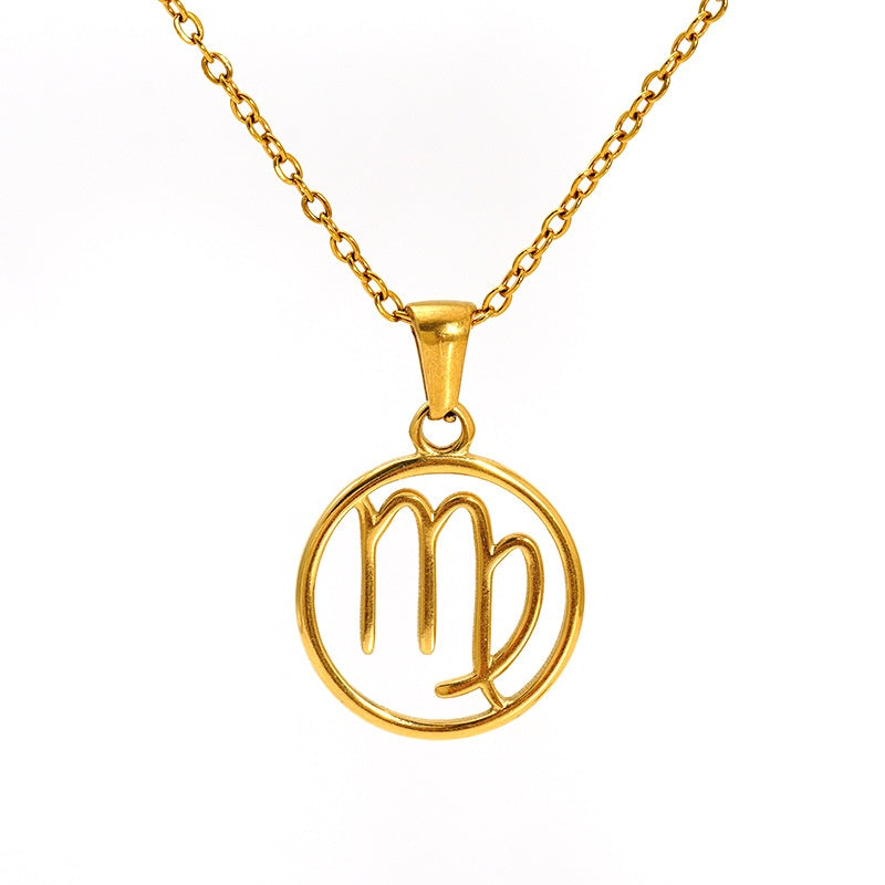 Stainless Steel Twelve Zodiacs Vintage Link Chain Pendant Necklace Real Gold Plated Fashion Non-Fading Anniversary