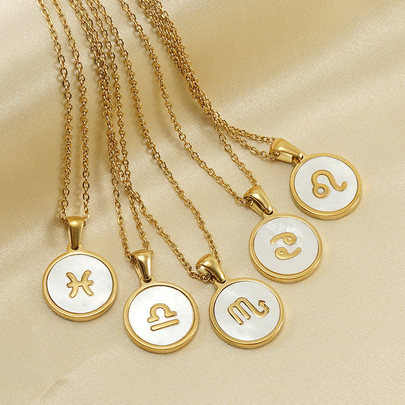Unisex Vintage Style Stainless Steel Round Gold Zodiac Pendant Necklace Gold Plated Link Chain Shell Main Stone for Anniversary