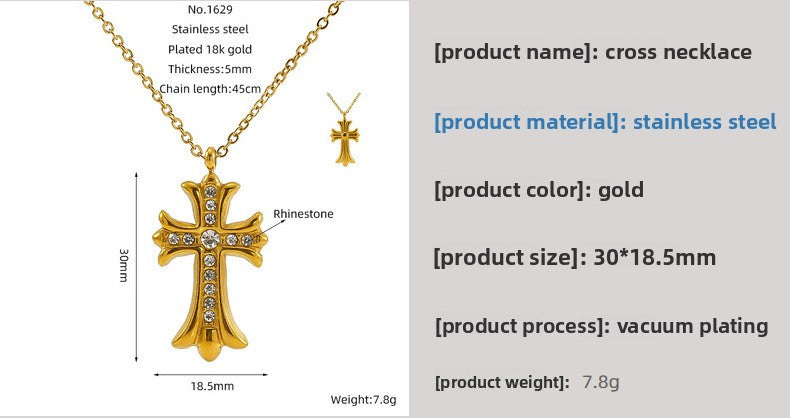 Vintage Cross Pendant Necklace for Unisex Real Gold Plated Stainless Steel with White Zircons Link Chain for Anniversary