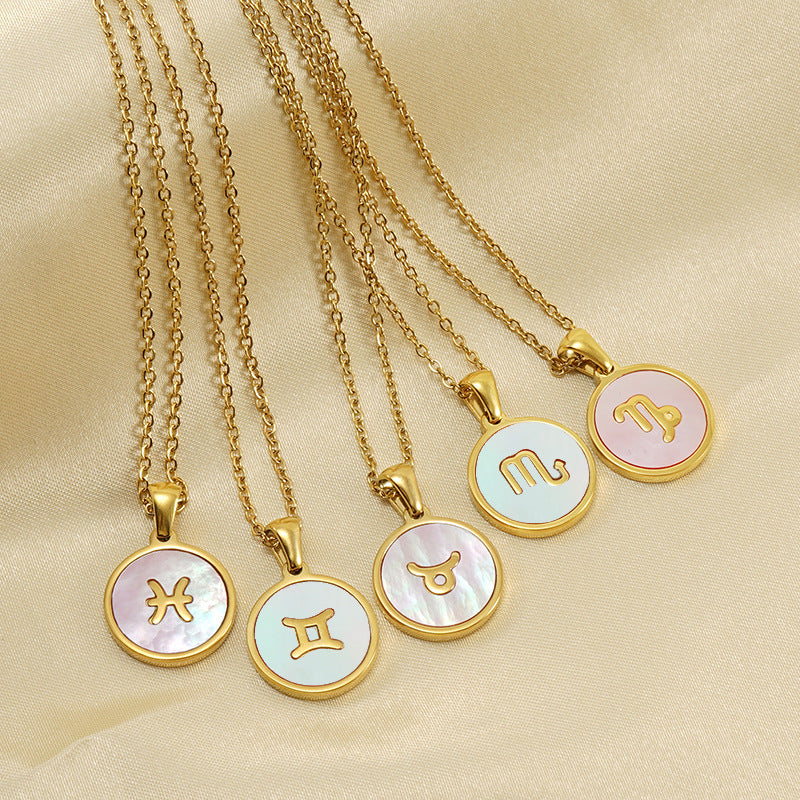 Unisex Vintage Style Stainless Steel Round Gold Zodiac Pendant Necklace Gold Plated Link Chain Shell Main Stone for Anniversary